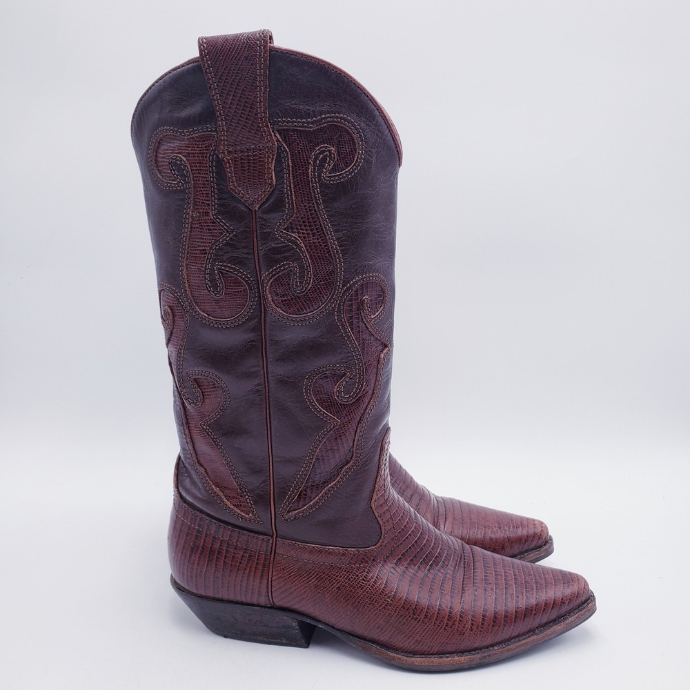 Nine West Western Boots Brown‎ Lizard Leather Inlay Pointed Toe Womens Size 6.5 - Picture 2 of 11